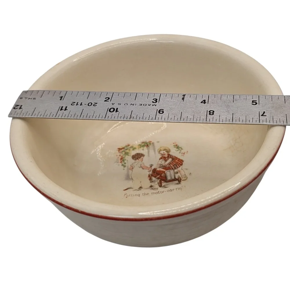 Antique Putting The Motor Car Right Childs Porcelain Bowl Red Trim Cereal Soup